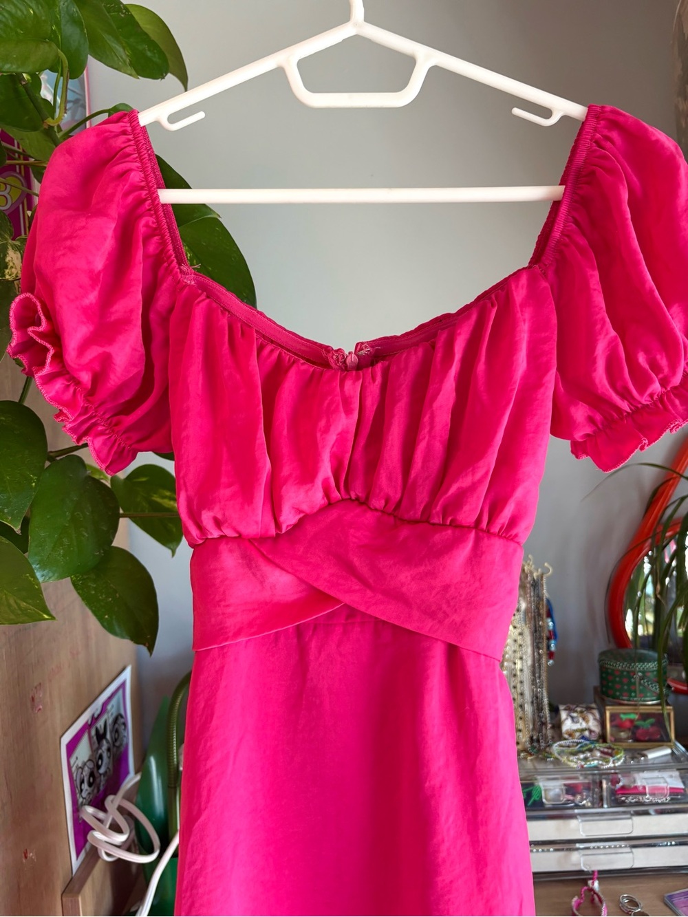 Hot Pink Puff Sleeve Mini Dress With Bow